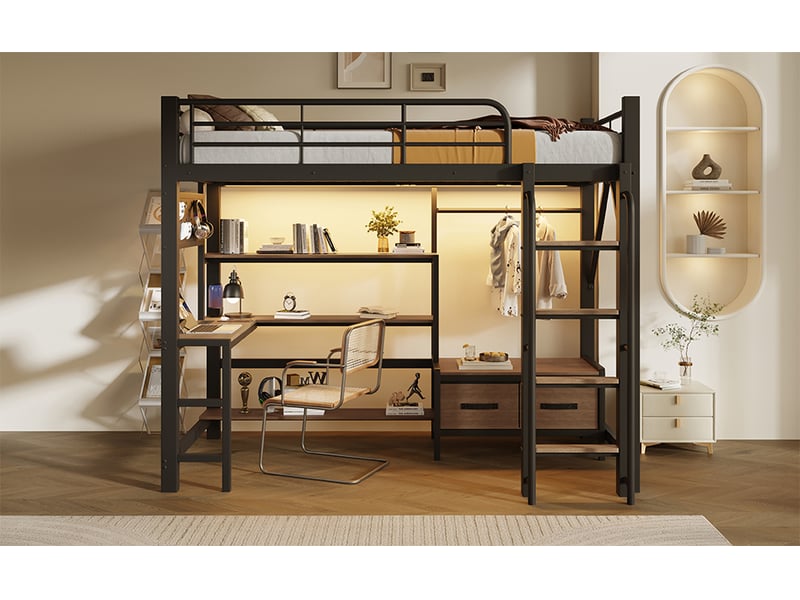  Lit mezzanine 90x200 cm noir, cadre en métal, bureau, étagères, tiroirs en tissu, led, port usb, garde-corps  - Conforama B