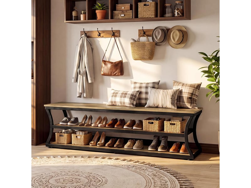  Banc d'entrée de 160 cm de long, banc à chaussures industriel extra-long à 3 niveaux avec structure en métal, étagère à chaussures ouverte offrant un grand espace de rangement pour l'entrée ou le couloir.  - Conforama B