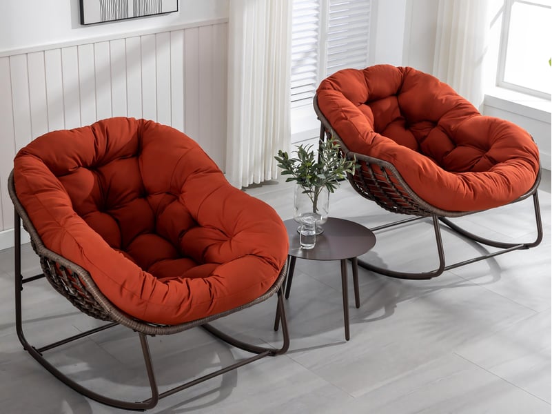  Cocon - lot de 2 fauteuils à bascule en rotin naturel – forme œuf et coussins orange  – confortable pour salon, véranda ou chambre  - Conforama B