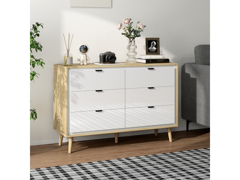  Commode 6 tiroirs, meuble de rangement à haute brillance, 5 pieds en bois, 110 x 40 x 75 cm, blanc et chêne  - Conforama A