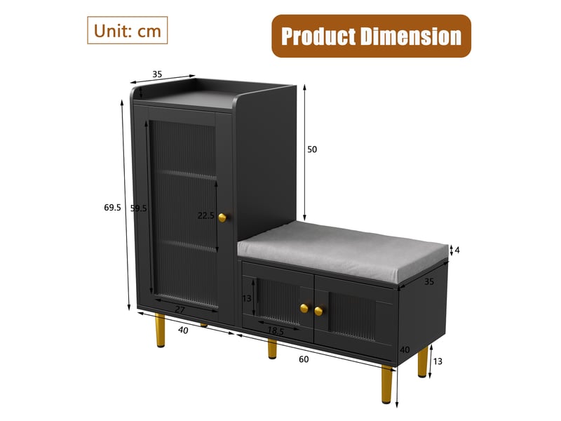  Meuble à chaussures - 100x35x90cm - banc d'entrée avec assise rembourrée, étagères ajustables, portes en verre flûté - noir  - Conforama E