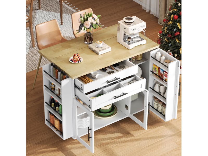  Îlot de cuisine mobile avec plateau rabattable, 5 roulettes, blanc et bois naturel  - Conforama C