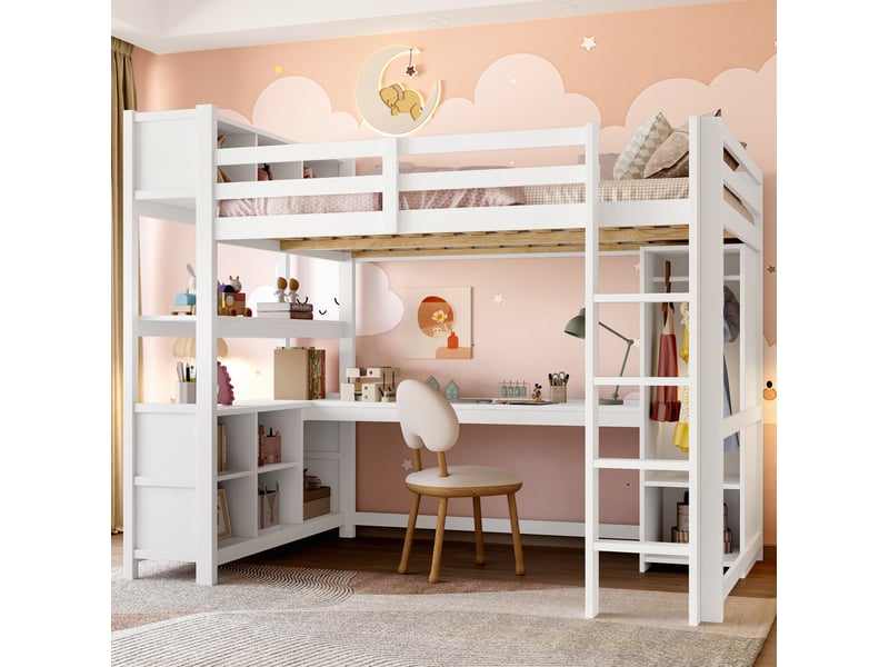  Lit mezzanine 140x200 cm, espace de rangement, avec bureau et rangements, structure en bois et mdf, blanc, sans matelas  - Conforama E