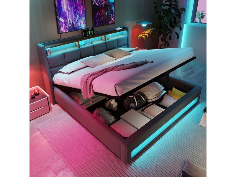  Lit coffre 140x200 cm, rangement hydraulique, éclairage led, usb, sommier à lattes, style vintage, gain de place pour chambre - gris  - Conforama B