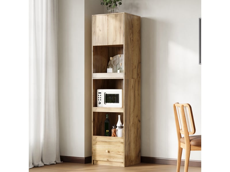  Armoire de cuisine micro-ondes 50x45x200 cm - 2 portes - 3 paniers coulissants - 1 tiroir - mdf - bois naturel  - Conforama D