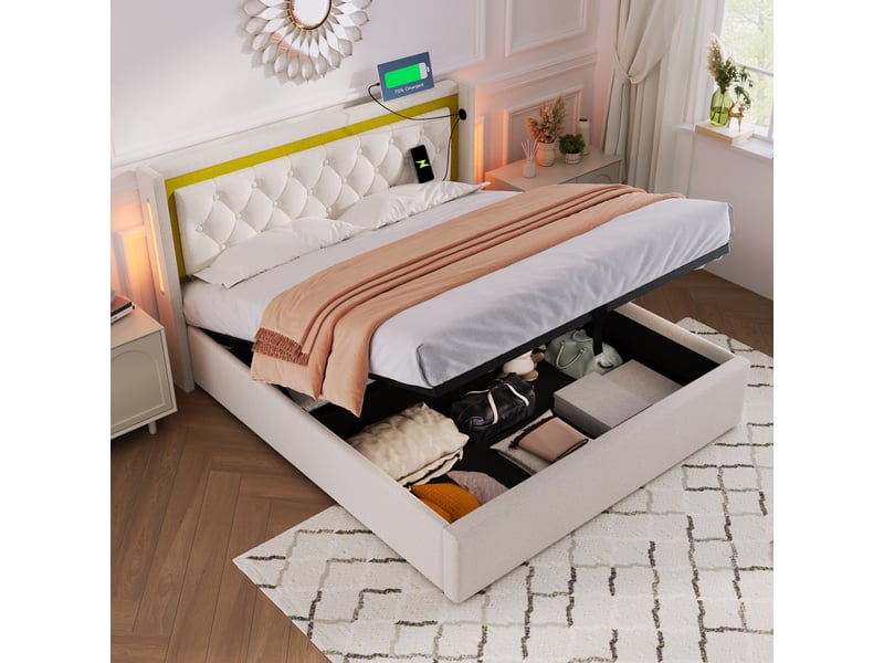  Lit coffre coton 140x200 cm avec led, usb-c, tête lumineuse et rangement pratique  - Conforama D