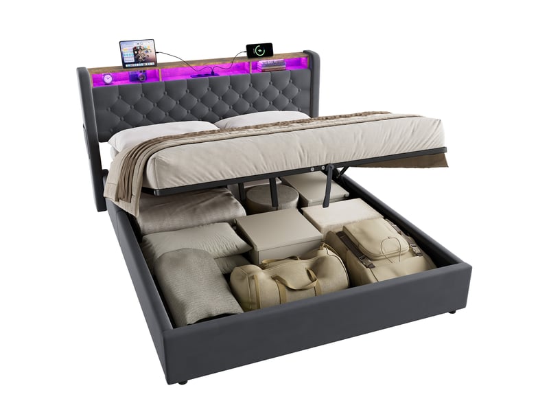  Lit coffre 2 places 160x200 cm avec led et usb-c, en velours gris  - Conforama A