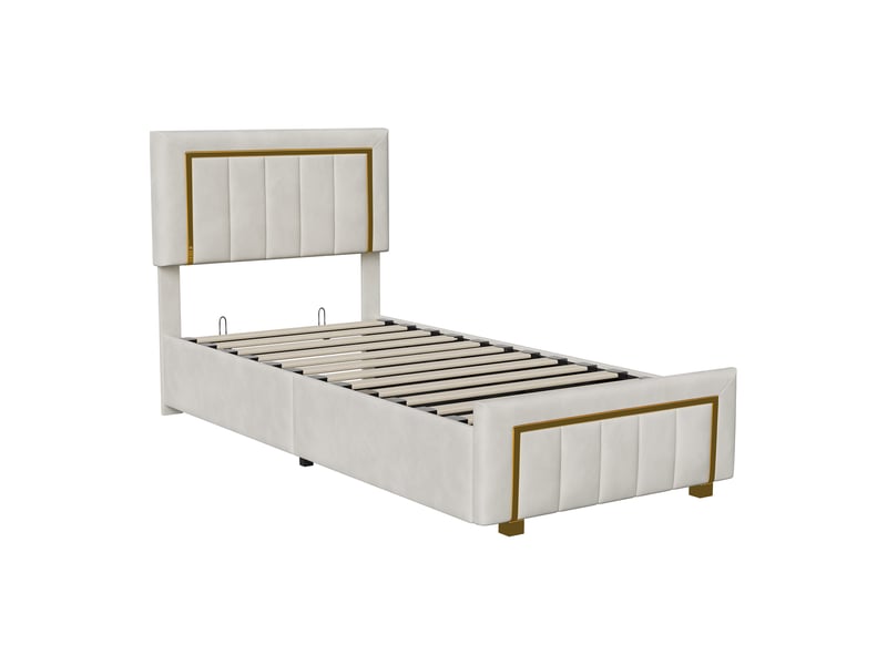  Lit simple capitonné,90 x 200 cm,avec espace de rangement,cadre en bois,revêtement en velours,beige  - Conforama A
