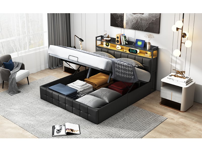  Lit double coffre - 160 x 200 cm-noir - en similicuir pu, avec tête de lit de rangement, éclairage led intelligent, prises et vérins hydrauliques  - Conforama C