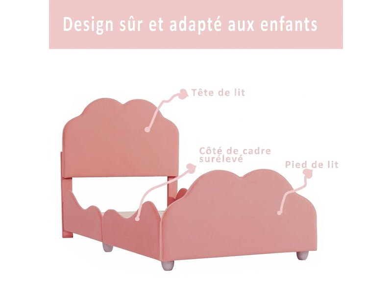  Lit enfant 90x200 forme nuage - velours rose avec barrière de sécurité - sommier inclus  - Conforama E