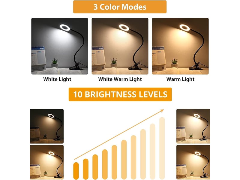  Lampe de bureau à pince flexible à 360° 3 modes d’éclairage &amp;10 niveaux de luminosité  - Conforama E
