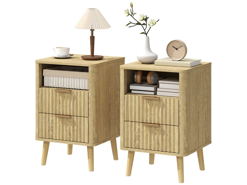 Lot de 2 tables de chevet, tables de nuit avec 2 tiroirs et compartiment ouvert, coins arrondis, 40 x 40 x 61 cm, chêne - Conforama B