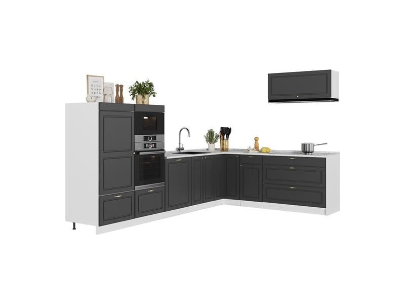 Vicco cuisine en angle, anthrazit-gold landhausblanc, 327x60cm, pt marbre - Conforama E
