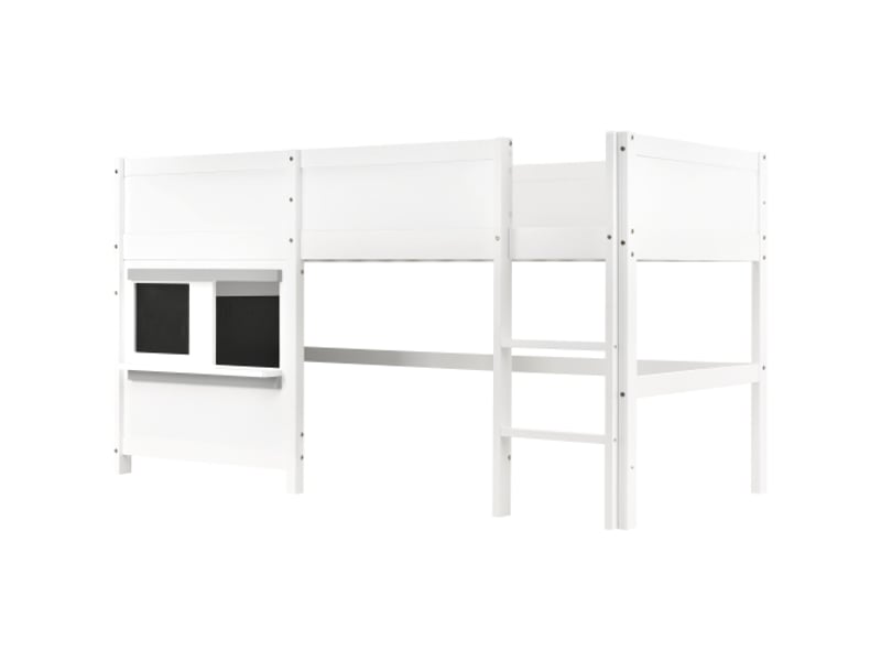 Lit superposé 90x200 cm, lit enfant avec tableaux noir et petite étagère, en bois de pin, blanc, sans matelas - Conforama E