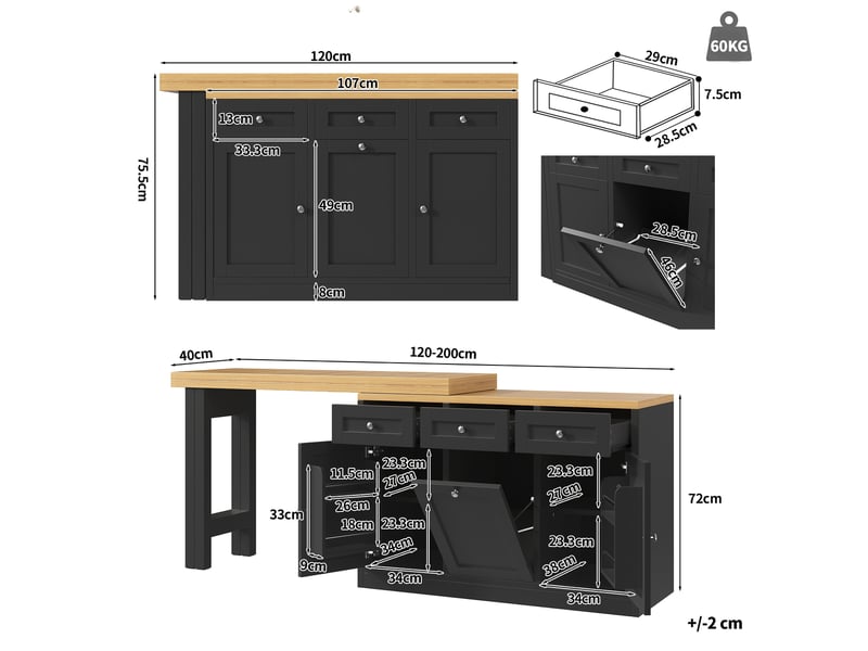  Table de bar extensible, îlot de cuisine avec rangement, table pliante, tiroir, support poubelle coulissant, mdf, noir Bubbly - Conforama C
