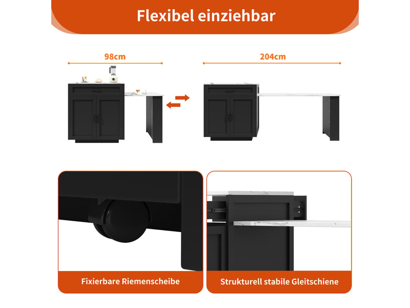  Îlot de cuisine noir mdf 98–204×70×93,5 cm, table extensible pour 2 à 6 personnes, rangements et roulettes à frein  - Conforama D