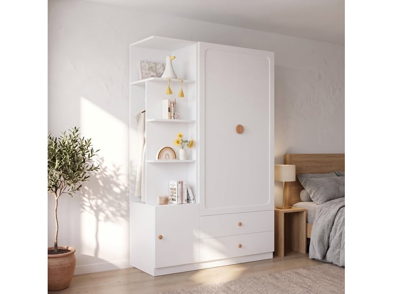  Armoire 135x45x200 cm avec 2 penderies et 2 tiroirs coloris blanc  - Conforama E
