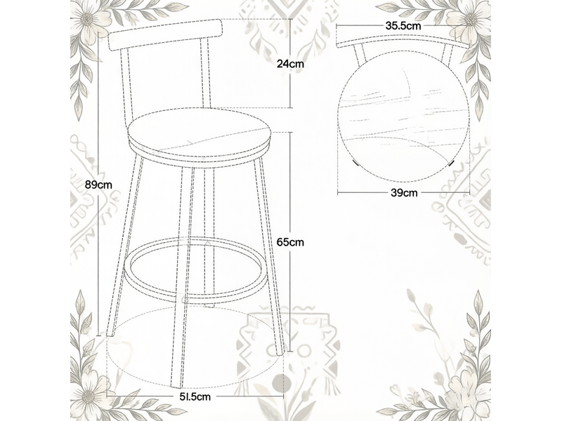  Lot de 2 tabourets de bar 51,5x51,5x89 cm, dossier incurvé, assise 65 cm, métal et mdf, brun rustique  - Conforama C