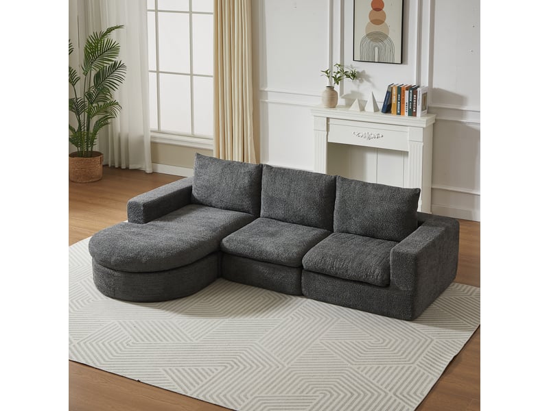  Canapé d’angle modulable avec méridienne réversible  - coussins cervicaux, sans montage, chenille gris  - Conforama B