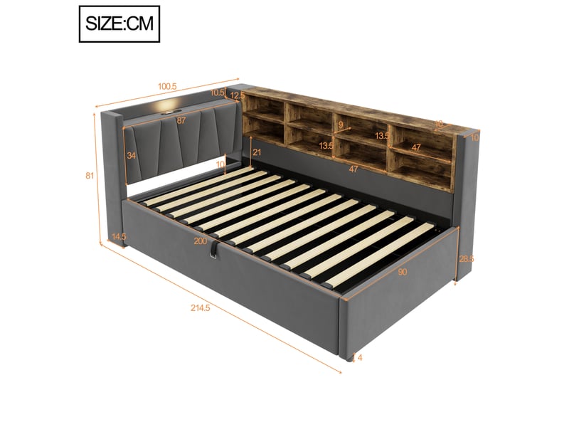  Canapé-lit avec rangement 90 x 200 cm – avec éclairage – avec ports de charge usb et type-c – avec compartiments de rangement – ​​gris foncé (matelas non inclus)  - Conforama C
