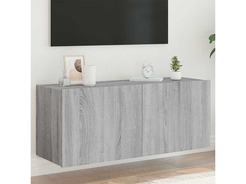 Meuble tv - banc tv - meuble de rangement mural avec lumières led sonoma gris 100x35x41 cm - Conforama B
