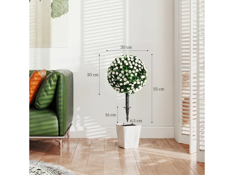  Boules de roses artificielles, résistantes aux uv pour une utilisation extérieure, lot de 2 rosiers, 55 cm, blanches  - Conforama E