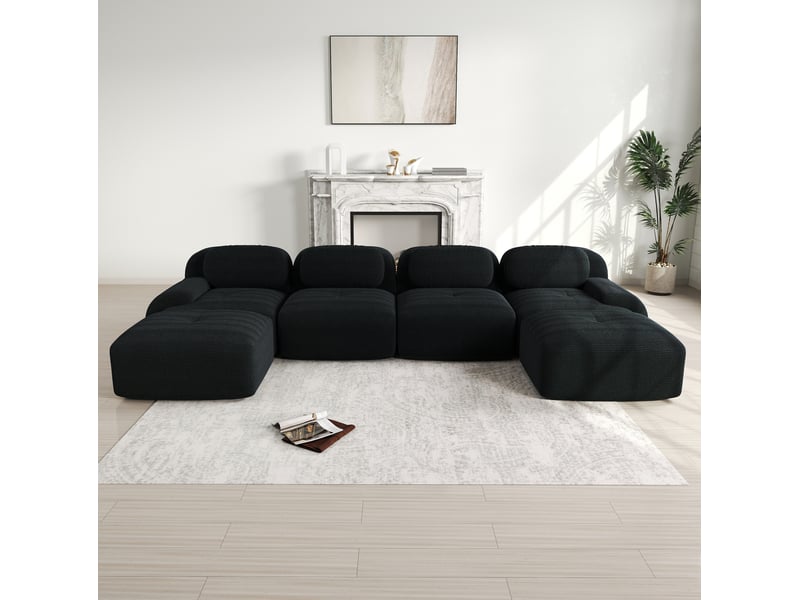  Canapé panoramique en u 4 places modulable sans montage avec accoudoirs larges en velours côtelé noir  - Conforama B