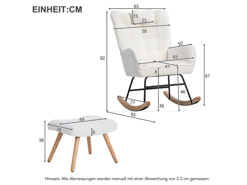  Fauteuil à bascule avec repose-pieds réglable et coussin d’appui-tête, rembourré en tissu bouclette blanc, 92 cm  - Conforama D