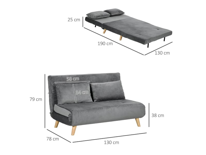  Canapé-lit 2 places convertible aspect velours avec 2 coussins gris 130 x 78 x 79 cm  - Conforama C