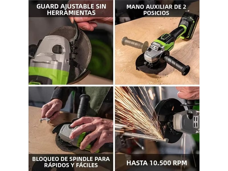  Greenworks–meuleuse d'angle 24v,moteur sans balais,disque de 4 pouces et broche m10,2 vitesses variables,10500 trmin,avec batterie 4ah et chargeur  - Conforama B