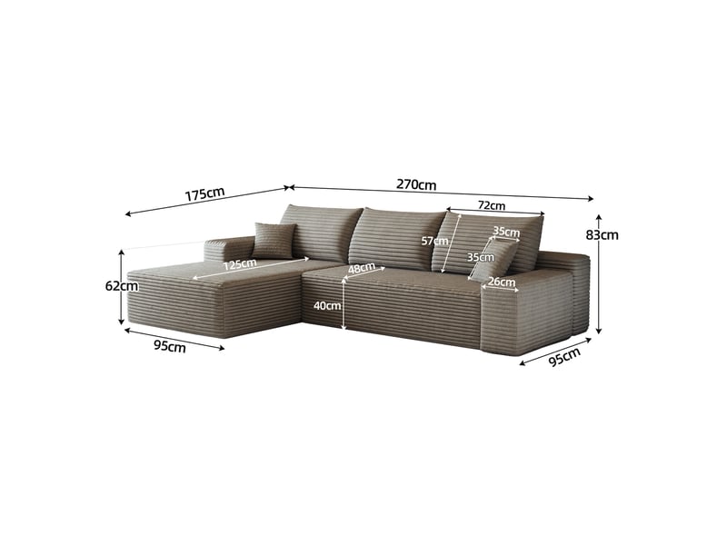 Canapé d’angle modulable 270 cm en velours côtelé, méridienne en l, assise profonde, sans montage, camel IKSETERA TRADING LTD - Conforama C