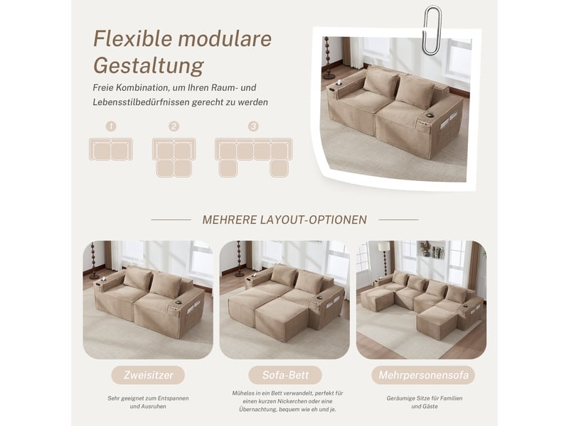  Canapé modulable, canapé 2 places, poches latérales, porte-gobelets, sans montage, en velours, format compressé  - Conforama A