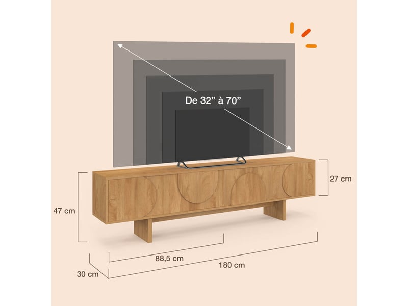 Meuble tv 180 cm arvin 2 portes avec reliefs arrondis bois clair - Conforama E
