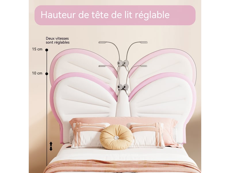  Lit enfant fille 90x200 cm – tête de lit papillon avec lampe de lecture intégrée – hauteur réglable 87,5-92,5 cm – velours – structure renforcée jusqu'à 350 lbs – sommier à lattes inclus  - Conforama D