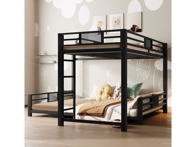  Lit superposé en métal 90x200 cm et 140x200 cm en l-barrières de sécurité-structure gain de place-noir  - Conforama E