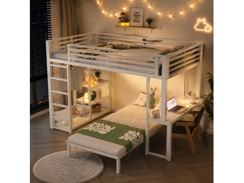  Lit mezzanine enfant 2 couchages 90x200 cm blanc en métal et mdf, avec bureau, rangements et sans matelas  - Conforama E