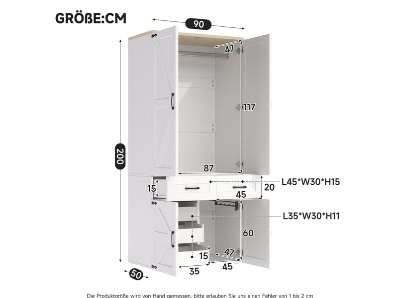 Armoire tcqpz 90 x 50 x 200 cm 4 portes 5 tiroirs 2 tringles mdf blanche style campagne - Conforama C