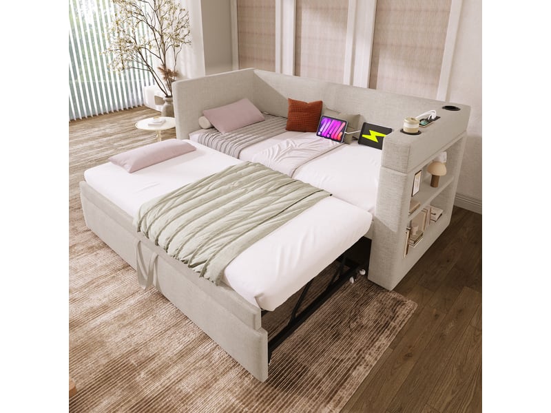 Lit gigogne enfant 90x190 cm, canapé-lit avec usb type-c, porte-gobelet, sommiers, coton lin beige, sans matelas - Conforama W