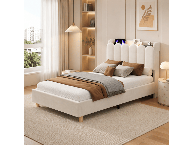  Lit simple rembourré 90x200 cm coloris beige velours  - Conforama B