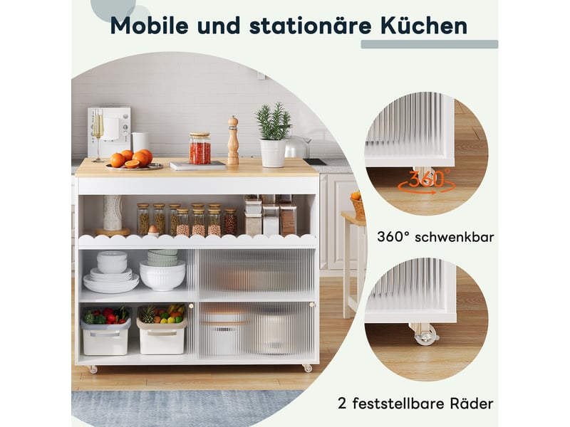 Îlot de cuisine mobile 122 × 46(69) × 91 cm blanc et naturel, mdf, plateau rabattable chêne, portes coulissantes en verre - Conforama E