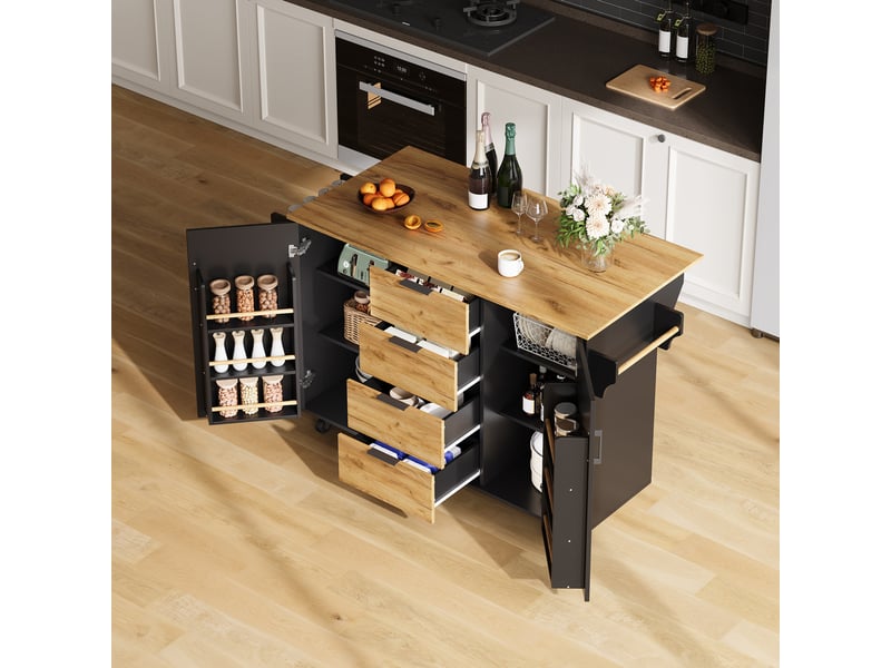  Îlot de cuisine roulant avec plan de travail rabattable, 4 tiroirs, mdf noir et bois 120 x 70 x 90 cm  - Conforama E