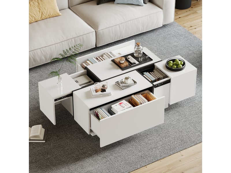  Table basse carrée blanche et noire brillante avec 4 tiroirs, table de salon bicolore 100x60x40 cm, charge 30 kg  - Conforama C