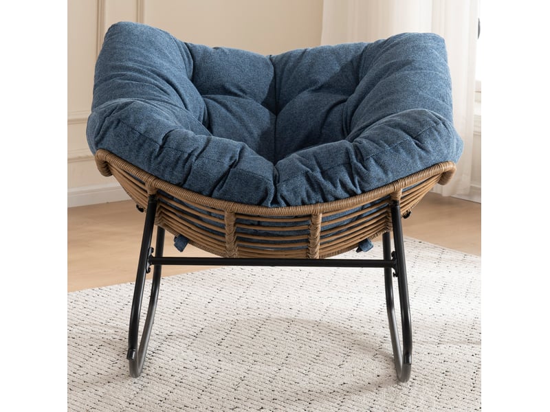  Fauteuil à bascule en chenille avec assise rembourrée et structure métallique, bleu, 95 × 107 × 83 cm  - Conforama B