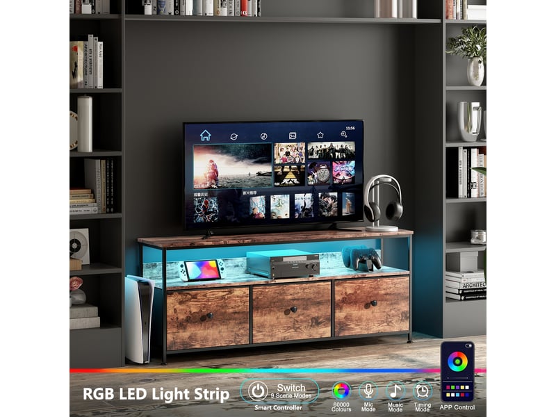  Meuble tv avec led,armoire tv de salon avec 3 tiroirs, tiroirs en tissu et structure en métal,137 x 29.8 x 57 cm,marron  - Conforama D