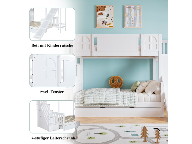 Lit cabane superposé 90x200 cm blanc et bois avec toboggan, escalier 4 tiroirs et rangements, sans matelas - Conforama D