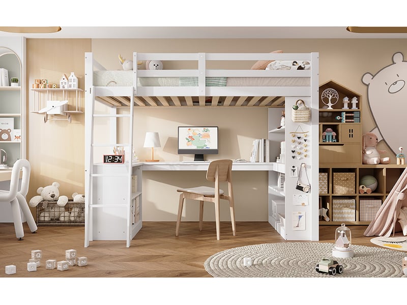Lit mezzanine enfant avec étagère et échelle inclinée, pinpanneau aggloméré blanc, 90x200cm, garde-corps et rangement en feutre - Conforama B