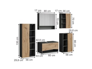 Vicco meubles bain, chêne artisananthracite, 5 pièces