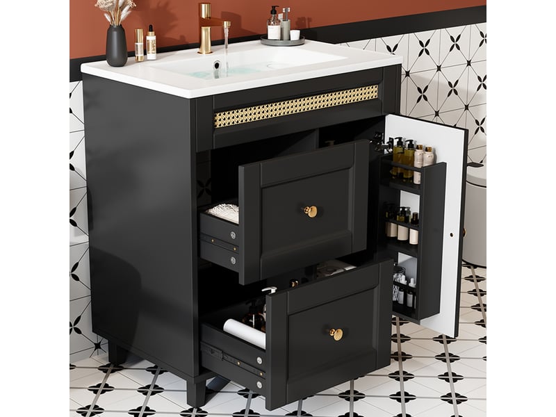 Meuble sous vasque sur pied avec 2 tiroirs silencieux et portes à fermeture douce - lpospi - vasque intégrée, poignées dorées, céramique et mdf noir, 76 × 46 × 86,5 cm - Conforama B