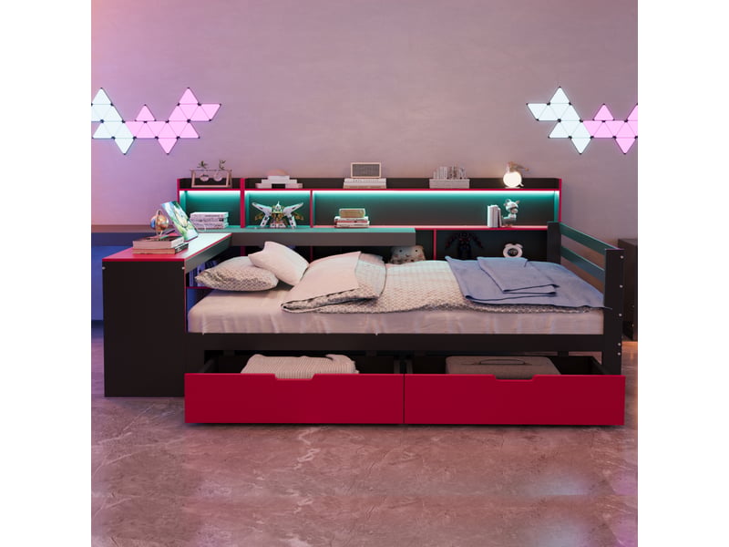  Canapé-lit 140x200 cm avec led et prises électriques, lit double avec bureau et tiroirs, coloris noir et rouge, lit 2 personnes  - Conforama D