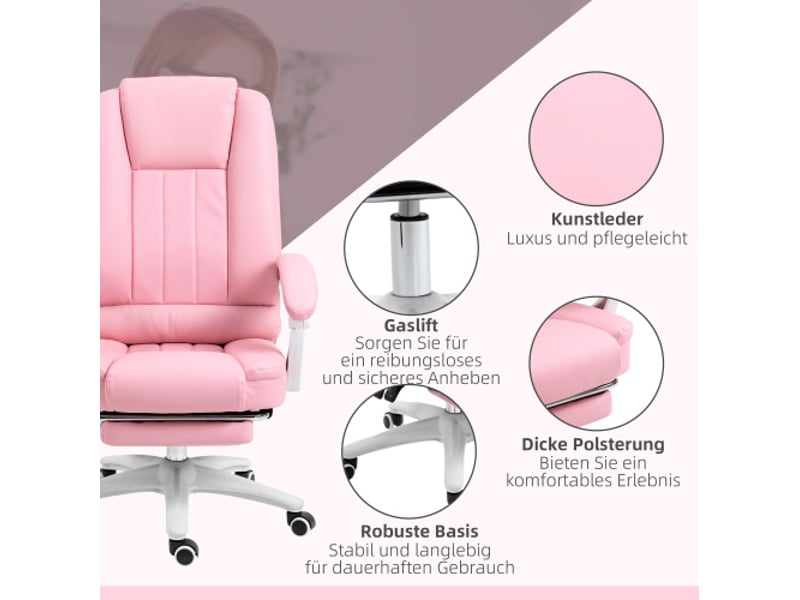  Chaise de bureau avec repose-pieds, inclinable, à roulettes, similicuir rose, réglable en hauteur  - Conforama E